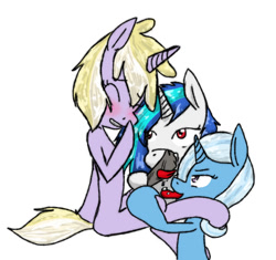 Size: 1134x1065 | Tagged: explicit, artist:bye~, blowjob, blushing, dinky hooves, dj pon-3, foalcon, futa, futa dinky hooves, futa on female, g4, group sex, hoofjob, horsecock, imported from derpibooru, intersex, licking, licking cock, nudity, oral, penis, pony, precum, sex, threesome, trixie, unicorn, vein, vinyl scratch