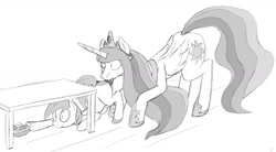 Size: 1400x770 | Tagged: explicit, artist:tg-0, princess celestia, alicorn, anus, ass up, ball sucking, balls, drool, eyes closed, face down ass up, female, foalcon, frown, g4, imported from derpibooru, licking, male, monochrome, naughty celestia, nudity, penis, pipsqueak, pipsqueak eating spaghetti, pony, raised tail, ship:piplestia, smiling, spaghetti, straight, surprise sex, table, tongue out, wide eyes