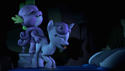 Size: 920x518 | Tagged: questionable, artist:cryotimberwolf, spike, sweetie belle, 3d, bed, book, doggy style, dragon, female, filly, foal, foalcon, from behind, g4, gif, horn, imported from derpibooru, interspecies, male, non-animated gif, open mouth, pony, sex, ship:spikebelle, shipping, smiling, softcore, source filmmaker, straight, tongue out, unicorn