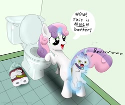 Size: 1185x1000 | Tagged: questionable, artist:kinkycelestia, sweetie belle, abuse, animal abuse, bathroom, but why, cat, female, fetish, filly, foal, foalcon, g4, imported from derpibooru, levitation, magic, magic abuse, opalabuse, opalescence, open mouth, open smile, pony, poop, potty, potty time, scat, scratch mark, scratched, smiling, sweetiepoo, telekinesis, toilet, toilet paper, we are going to hell