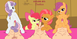 Size: 1280x648 | Tagged: explicit, artist:deathsia, artist:jaxonian, apple bloom, babs seed, scootaloo, sweetie belle, blowjob, boobjob, chest hair, circumcised, cock worship, colored, commission, crotchboobjob, crotchboobs, cutie mark crusaders, double blowjob, earth pony, erection, fapplebloom, female, filly, foal, foalcon, foreskin, g4, group sex, hotdogging, human, human male, human male on filly, human on pony action, human penis, imported from derpibooru, interspecies, licking, licking cock, male, male pov, multiple blowjob, nipples, nudity, offscreen character, oral, pegasus, penis, pony, pov, sex, straight, tongue out, traditional art, unicorn, wingboner