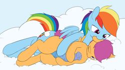 Size: 2534x1425 | Tagged: explicit, artist:dontworryaboutitkid, rainbow dash, scootaloo, biting, cute, cute porn, ear bite, foalcon, futa, futa on female, futa rainbow dash, g4, horsecock, imported from derpibooru, intercrural sex, intersex, nudity, pegasus, penis, pony, sex, ship:scootadash, shipping, wallpaper for the fearless