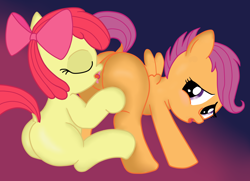 Size: 2505x1814 | Tagged: explicit, artist:an-tonio, artist:lord waite, apple bloom, scootaloo, anus, blushing, butt, colored, cunnilingus, female, filly, foal, foalcon, g4, imported from derpibooru, lesbian, nudity, open mouth, oral, plot, pony, sex, ship:scootabloom, shipping, show accurate, show accurate porn, vulva