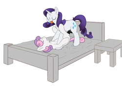 Size: 3728x2648 | Tagged: explicit, artist:sylaek, rarity, sweetie belle, balls, bed, female, filly, foal, foalcon, futa, futa on female, futa rarity, g4, genitals, gritted teeth, high res, horn, imported from derpibooru, incest, intersex, mare, nudity, penetration, penis, pony, raricest, sex, ship:raribelle, teeth, tongue out, unicorn, vaginal