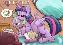 Size: 1800x1299 | Tagged: explicit, artist:smudge proof, spike, twilight sparkle, absorption, alicorn, alternate version, anal insertion, anus, apron, arousal gauge, balls, bed, blushing, buttplug, clothes, collar, commission, cum belly, cum inflation, cutie mark buttplug, dragon, e♀uestria, flared, foalcon, fuel gauge, futa, futa bigger than male, futa on male, futa twilight sparkle, futadom, g4, gauge, hemipenis, horn, horsecock, imported from derpibooru, inflation, insertion, intersex, male, malesub, micropenis, naked apron, nudity, older, penis, penis shrinking, pony, pony on dragon action, sex toy, ship:twispike, shipping, sissyfication, size difference, small penis, submissive, sweat, vein, veiny balls, veiny cock, wings