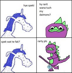 Size: 681x692 | Tagged: explicit, rarity, spike, 1000 hours in ms paint, comic, diamond, dolan, dragon, foalcon, g4, gooby, gooby pls, imported from derpibooru, ms paint, nudity, penis, rarite, spoke, wat