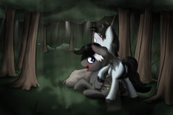 Size: 1280x853 | Tagged: explicit, artist:marsminer, oc, oc:frost stormwind, oc:mixy, anal, anal creampie, colt, colt on colt, commission, creampie, cum, foal, foalcon, forest, gay, imported from derpibooru, male, oc only, outdoor sex, outdoors, pegasus, pony, pony on pony action, reverse foalcon, teenager, tongue out, unicorn