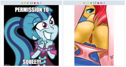 Size: 515x276 | Tagged: explicit, artist:atryl edits, sonata dusk, oc, oc:vixy hooves, anthro, anus, ass, butt, clothes, derpibooru, drippy vagina recolor, edit, exploitable meme, foalcon, g4, imported from derpibooru, juxtaposition, juxtaposition win, legwear, meme, meta, nudity, oc only, panties, panties around legs, panties pulled down, pink underwear, presenting, recolor, socks, thigh highs, underwear, vagina, vaginal secretion stain, vaginal secretions, wet panties