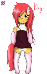 Size: 1226x1920 | Tagged: explicit, artist:psychoticmindsystem, oc, oc:vixy hooves, clothes, dripping, foalcon, imported from derpibooru, leaking, legwear, nightgown, nudity, oc only, semi-anthro, stockings, thigh highs, vagina, vaginal secretions