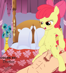 Size: 815x896 | Tagged: explicit, artist:deathsia, artist:jaxonian, apple bloom, ask fapplebloom, belly button, chest fluff, colored, commission, crotchboobs, fapplebloom, female, filly, foal, foalcon, g4, human, human male, human male on filly, human on pony action, human penis, imported from derpibooru, interspecies, lollipop, male, nipples, nudity, penetration, penis, pony, sex, straddling, straight, vaginal, vaginal secretions, vein, vulva
