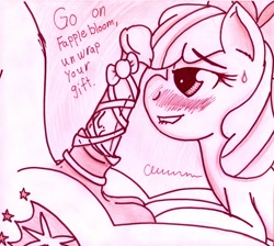 Size: 2839x2545 | Tagged: explicit, artist:the1king, apple bloom, shining armor, bedroom eyes, fapplebloom, female, foalcon, g4, high res, horsecock, imported from derpibooru, lip bite, male, monochrome, nudity, penis, shiningbloom, straight, sweat, text