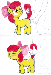 Size: 1138x1662 | Tagged: explicit, artist:merkley, apple bloom, anal, blushing, eyes closed, filly, foal, foalcon, from behind, g4, human, human male, human male on filly, human on pony action, human penis, imported from derpibooru, male, nudity, penetration, penis, pony, sex, straight, tail pull