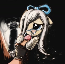 Size: 1280x1267 | Tagged: explicit, artist:darkstylerz, oc, oc:dawn veil, blowjob, blushing, car, clothes, cum, cute, cute porn, facial, fishnet stockings, floppy ears, foalcon, foreskin, glasses, gloves, human, human male, human male on mare, human on pony action, human penis, imported from derpibooru, just the tip, legwear, male, nudity, oc only, oral, penis, pony, ribbon, sketch, smiling, straight, sucking