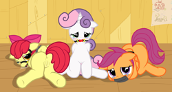 Size: 4304x2300 | Tagged: explicit, artist:pyruvate, artist:reduxdrawer8k, apple bloom, scootaloo, sweetie belle, anus, arm behind back, ballgag, bloom butt, bloomsub, blushing, bondage, bridle, butt, chains, clubhouse, crusaders clubhouse, crying, cutie mark crusaders, earth pony, edit, edited edit, female, femsub, foalcon, g4, gag, imminent rape, imported from derpibooru, nudity, pegasus, plot, pony, scootasub, submissive, sweetiesub, tack, tape, tape gag, unicorn, vulva