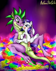 Size: 1700x2135 | Tagged: explicit, artist:anibaruthecat, rarity, spike, age difference, age progression, age regression, anus, balls, butt, crystal, dragon, female, foalcon, g4, imported from derpibooru, interspecies, male, nudity, older, older spike, penetration, penis, plot, pony, sex, ship:sparity, shipping, size difference, straight, unicorn, vaginal, vulva, younger