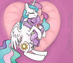 Size: 1500x1295 | Tagged: questionable, artist:smudge proof, princess celestia, spike, alicorn, commission, crotchboobs, dragon, explicit source, eyes closed, feminization, foalcon, g4, hug, imported from derpibooru, incest, missing accessory, nipples, nudity, on side, pony, sleeping, smiling, snuggling, spikelove