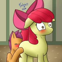 Size: 2000x2000 | Tagged: explicit, artist:lazyfable, apple bloom, scootaloo, blushing, cunnilingus, female, foalcon, g4, high res, imported from derpibooru, lesbian, oral, raised tail, ship:scootabloom, surprise sex