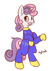 Size: 516x721 | Tagged: questionable, artist:senaelik, sweetie belle, bean mouth, calarts, clothes, crotch bulge, erection, fifth leg, foalcon, futa, futa sweetie belle, g4, horn, imported from derpibooru, intersex, nudity, penis, pony, simple background, solo, solo futa, unicorn, white background