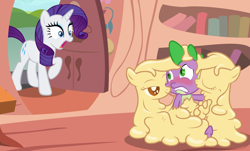 Size: 6576x3982 | Tagged: questionable, artist:badumsquish, rarity, spike, oc, oc:abominapple, abomination, absurd resolution, applesauce, applesauce pony, caught, derpibooru exclusive, female, filly, foal, foalcon, g4, goo pony, imported from derpibooru, magical lesbian spawn, male, offspring, original species, parent:abominapple, parent:applejack, parent:twilight sparkle, parents:twijack, show accurate, show accurate porn, straight, struggling, wat, what did i walk in on