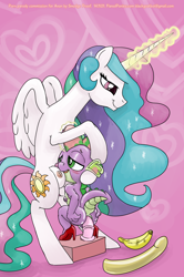 Size: 1000x1510 | Tagged: explicit, artist:smudge proof, princess celestia, spike, alicorn, anal insertion, banana, crossdressing, crotchboob smothering, crotchboobs, dildo, dildo sitting, female, feminization, foalcon, g4, gold, high heels, imported from derpibooru, impossibly large nipples, insertion, male, milf, momlestia, nipples, nudity, pegging, pony, sex toy, ship:spikelestia, shipping, sissy, sissyfication, straight