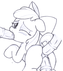 Size: 1845x2109 | Tagged: explicit, artist:an-tonio, apple bloom, all three filled, anal, blowjob, blushing, disembodied penis, double penetration, earth pony, female, female focus, filly, foal, foalcon, g4, imported from derpibooru, looking back, male, medial ring, monochrome, nudity, one eye closed, oral, penis, pony, sex, solo focus, straight, traditional art, triple penetration, vaginal