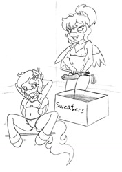 Size: 908x1280 | Tagged: explicit, artist:ryuseihikari, oc, oc:aijin, oc:sureibu, anthro, armpits, belly button, blushing, bondage, box, bra, clothes, crop top bra, embarrassed, foal, foalcon, frilly underwear, gag, imminent incest, imported from derpibooru, incest, monochrome, oc only, panties, panty bow, ribbon, riding crop, sex toy, siblings, sisters, spreader bar, strapon, underwear