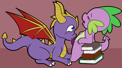 Size: 1250x701 | Tagged: explicit, artist:shenhibiki, spike, blowjob, blushing, book, crossover, cum, dragon, eyes closed, foalcon, g4, gay, imported from derpibooru, male, nudity, oral, penis, sex, ship:spikero, shipping, spyro the dragon, spyro the dragon (series), tongue out, wingless spike