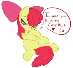Size: 615x575 | Tagged: explicit, artist:0r0ch1, apple bloom, bedroom eyes, bloom butt, butt, earth pony, female, filly, foal, foalcon, g4, human vulva on pony, imported from derpibooru, nudity, on back, plot, pony, simple background, solo, solo female, speech bubble, stupid sexy apple bloom, tongue out, underhoof, vulva