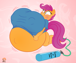 Size: 1000x826 | Tagged: questionable, artist:badgerben, artist:sparkbox, scootaloo, air inflation, anthro, belly, belly button, belly expansion, big breasts, breast expansion, breasts, busty scootaloo, clothes, female, foalcon, g4, growth, huge breasts, imminent wardrobe malfunction, implied anal insertion, implied insertion, imported from derpibooru, impossibly large belly, impossibly large breasts, inflation, outie belly button, puffy cheeks, scootablimp, solo, solo female, tight clothing, unguligrade anthro