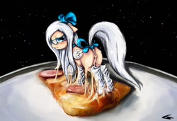 Size: 1280x874 | Tagged: explicit, artist:darkstylerz, oc, oc:dawn veil, anatomically correct, anus, butt, cheese, female, filly, foal, foalcon, glasses, imported from derpibooru, nudity, oc only, pegasus, pizza, plot, ponut, pony, ribbon, solo, solo female, tail bow, tumblr, vulva, wat
