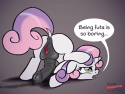 Size: 3600x2700 | Tagged: explicit, artist:jcosneverexisted, sweetie belle, anus, ass up, balls, bored, butt, face down ass up, foalcon, futa, futa sweetie belle, g4, herm, high res, horsecock, imported from derpibooru, intersex, nudity, penis, plot, ponut, scootie belle, solo, solo futa, speech bubble, vagina, vulva