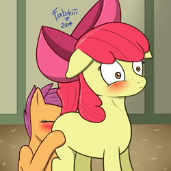 Size: 2000x2000 | Tagged: questionable, artist:lazyfable, apple bloom, scootaloo, blushing, cunnilingus, earth pony, female, filly, foal, foalcon, g4, high res, imported from derpibooru, lesbian, oral, pony, sex, ship:scootabloom, softcore, surprised