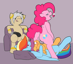 Size: 2000x1741 | Tagged: explicit, artist:shenhibiki, pinkie pie, rainbow dash, scootaloo, oc, oc:shenhibiki, anus, balls, bisexual, blushing, butt, creampie, cum, female, foalcon, g4, heterochromia, horsecock, imported from derpibooru, lesbian, male, mare on filly, nudity, open mouth, penis, plot, ship:scootadash, shipping, straight, tongue out, vagina, vulva