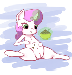 Size: 500x518 | Tagged: explicit, artist:cocksock-mcgee, artist:cocksockmcgee, sweetie belle, belly button, female, foalcon, g4, ice cream, imported from derpibooru, magic, nudity, solo, solo female, vulva