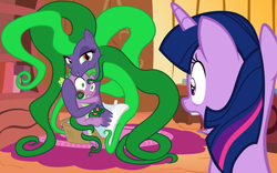 Size: 7641x4762 | Tagged: explicit, artist:badumsquish, spike, twilight sparkle, absurd resolution, alicorn, bedroom eyes, blushing, caught, clopfic in description, comic, derpibooru exclusive, embrace, female, foalcon, g4, grin, hairjob, hug, imported from derpibooru, male, mane-iac, mare, nudity, open mouth, penis, pony, prehensile mane, ship:spike-iac, shipping, shocked, show accurate, show accurate porn, sitting, smiling, story included, straight, what did i walk in on, wide eyes