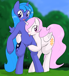 Size: 1280x1413 | Tagged: explicit, artist:seidouryu, princess celestia, princess luna, alicorn, assisted exposure, belly button, belly button licking, bipedal, blurry background, blushing, cewestia, cute, cute porn, cutelestia, dripping, duo, female, filly, filly luna, foal, foalcon, g4, genitals, horn, imported from derpibooru, incest, lesbian, licking, looking at you, lunabetes, navel play, nudity, open mouth, princess, semi-anthro, ship:princest, shipping, tongue out, tummylingus, vaginal secretions, vulva, wings, woona, younger