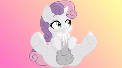 Size: 1920x1080 | Tagged: explicit, artist:megasweet, sweetie belle, anus, autofellatio, balls, blowjob, blushing, creampie, cum, cum in mouth, cum in own mouth, filly, foal, foalcon, futa, futa sweetie belle, g4, imported from derpibooru, intersex, masturbation, nudity, oral, oral creampie, penis, pony, sex, solo, solo futa, spread legs, underhoof