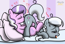 Size: 2667x1778 | Tagged: explicit, artist:alacrityorbust, artist:theofficialwheel, diamond tiara, silver spoon, adorabullies, bed, butt, color edit, colored, cunnilingus, cute, cute porn, earth pony, edit, eyes closed, female, filly, foal, foalcon, g4, heart, imported from derpibooru, lesbian, missing accessory, open mouth, oral, pillow, plot, pony, sex, ship:silvertiara, shipping, silverbutt, softcore, vaginal secretions