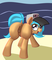 Size: 1277x1452 | Tagged: explicit, artist:getanadult, oc, oc:little league, /mlp/, ahegao, anatomically correct, anus, beach, bedroom eyes, butt, cap, clitoris, dock, female, filly, foal, foalcon, hat, imported from derpibooru, large butt, looking at you, looking back, looking back at you, nudity, oc only, open mouth, outdoors, plot, ponut, presenting, presenting anus, presenting pussy, puckered asshole, purple eyes, raised tail, rear view, sand, solo, solo female, spread legs, spreading, tail, tail aside, tongue out, vulva, vulvar winking