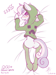 Size: 1500x2000 | Tagged: explicit, artist:ho7y5hoxx, sweetie belle, anus, bed, bedroom eyes, blushing, butt, clothes, creeper, female, foalcon, g4, hoodie, imported from derpibooru, incorrect leg anatomy, legwear, looking at you, looking back, minecraft, nudity, plot, prone, smiling, socks, solo, solo female, thigh highs, underhoof, vulva