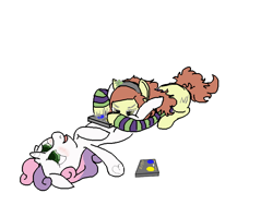 Size: 800x600 | Tagged: explicit, artist:moreorless, sweetie belle, oc, oc:vivian james, blushing, canon x oc, clover, cunnilingus, earth pony, female, filly, foal, foalcon, four leaf clover, g4, imported from derpibooru, lesbian, looking pleasured, mare, nudity, on back, open mouth, oral, pony, sex, shipping, simple background, unicorn