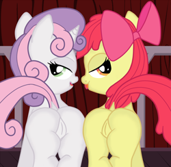 Size: 1945x1895 | Tagged: explicit, artist:an-tonio, artist:lord waite, apple bloom, sweetie belle, blank flank, bloom butt, butt, colored, female, females only, filly, foal, foalcon, g4, imported from derpibooru, looking back, nudity, open mouth, plot, presenting, show accurate, show accurate porn, sweetie butt, tongue out, vulva