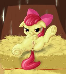 Size: 1777x2000 | Tagged: explicit, artist:shoroch, apple bloom, anus, blank flank, butt, crotchboobs, dock, female, foalcon, g4, hooves, imported from derpibooru, nipples, nudity, on back, plot, solo, solo female, teats, underhoof, vulva