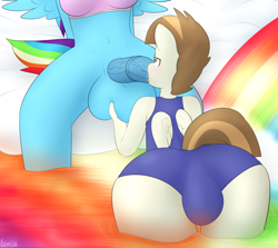 Size: 1343x1200 | Tagged: explicit, artist:lamia, rainbow dash, anthro, ball fondling, balls, belly button, blowjob, bottomless, bra, breasts, clothes, crossdressing, crotch bulge, featherweight, foalcon, futa, futa on male, futa rainbow dash, g4, grope, horsecock, imported from derpibooru, intersex, male, nudity, oral, penis, tight clothing, trap, underwear