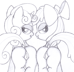 Size: 1945x1895 | Tagged: explicit, artist:an-tonio, apple bloom, sweetie belle, butt, female, foalcon, g4, imported from derpibooru, looking back, monochrome, nudity, open mouth, plot, presenting, tongue out, traditional art, vulva
