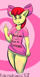 Size: 906x1762 | Tagged: explicit, artist:tigerfestivals, apple bloom, anthro, bottomless, clothes, earth pony, female, foalcon, g4, imported from derpibooru, keep calm, middle finger, nudity, shirt, solo, solo female, vulva