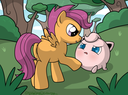 Size: 2500x1850 | Tagged: explicit, artist:clippypony, scootaloo, anus, blushing, butt, canon x pokémon, clitoris, crossover, filly, foal, foalcon, g4, genitals, hoofing, imported from derpibooru, jigglypuff, labia, nudity, outdoors, pegasus, plot, pokémon, ponut, pony, pony on pokémon action, sex, simplistic anus, spread wings, teasing, tree, vulva, wings, wtf