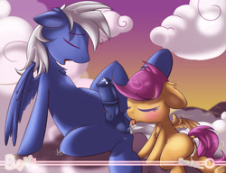 Size: 1292x992 | Tagged: explicit, artist:sip, scootaloo, oc, oc:skies, anus, ball licking, balls, blushing, buy me 2.0, canon x oc, cloud, cloudy, creampie, cum, eyes closed, female, filly, foal, foalcon, g4, horsecock, imported from derpibooru, male, nudity, outdoor sex, outdoors, pegasus, penis, pony, spread wings, straight, tongue out, vagina, wings