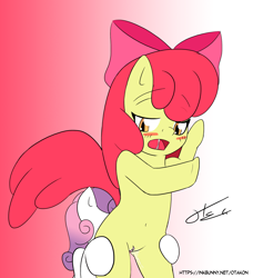Size: 1240x1359 | Tagged: explicit, artist:otakon, apple bloom, sweetie belle, belly button, bipedal leaning, blushing, earth pony, female, filly, foal, foalcon, g4, imported from derpibooru, lesbian, nudity, oral, semi-anthro, ship:sweetiebloom, vaginal secretions, vulva