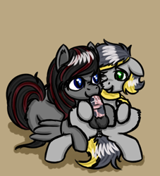 Size: 1675x1843 | Tagged: explicit, oc, oc:aero, oc:aulann, artist needed, balls, blowjob, brown background, clothes, colt, foal, foalcon, horsecock, imported from derpibooru, incest, male, nudity, oc only, oc x oc, offspring, oral, parent:derpy hooves, parent:oc:warden, parents:canon x oc, parents:warderp, pegasus, penis, pony, scarf, shipping, simple background, source needed, straight